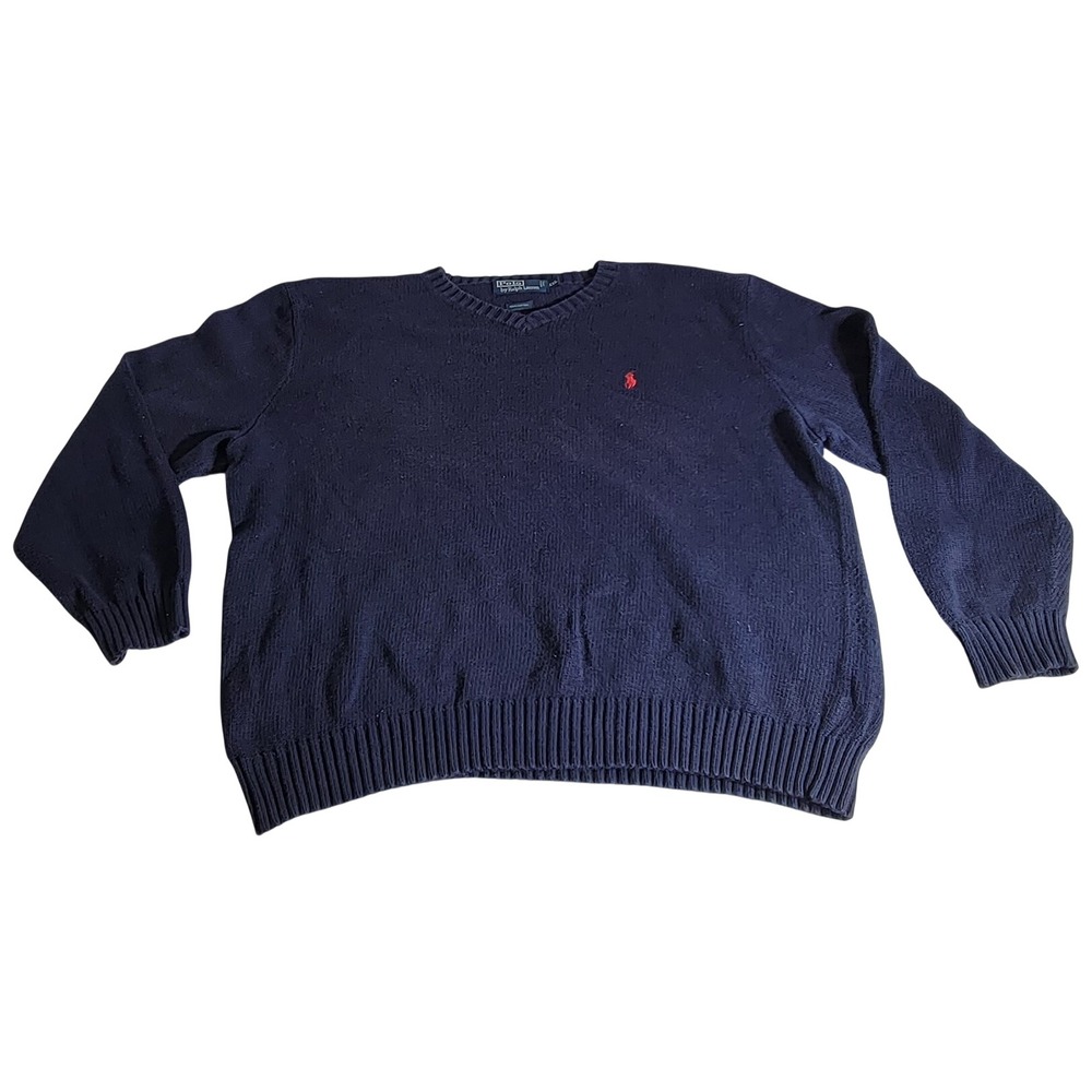 Polo Ralph Lauren Mens 2XL Navy Blue V-Neck 100% Cotton Knit Sweater Red Pony